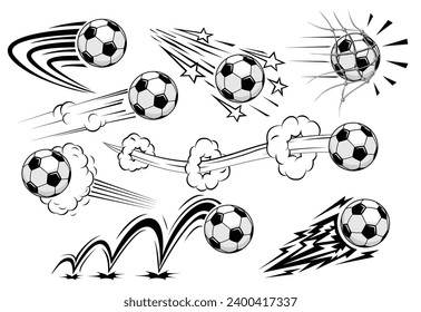 Las pelotas de fútbol de los jugadores vuelan a alta velocidad. Vector sobre fondo transparente en estilo cómico 