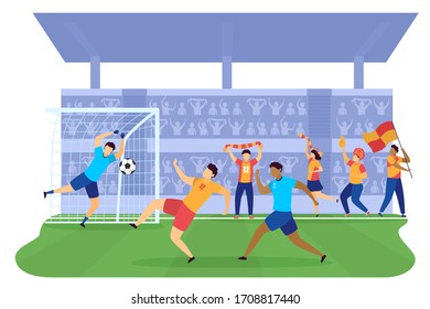 Soccers Football Players Kicking Ball Into Gates On Green Field Tadium Flat Vector Illustration. People Professional Soccers Playing With Ball In Sport Team Competition. Football Match Game