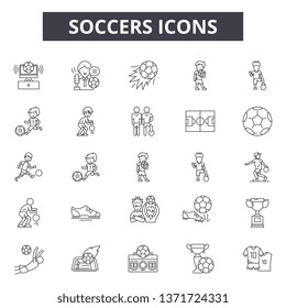 Soccers line icons, signs set, vector. Soccers outline concept, illustration: soccer,football,sport,ball,whistle,goal,flag,championship