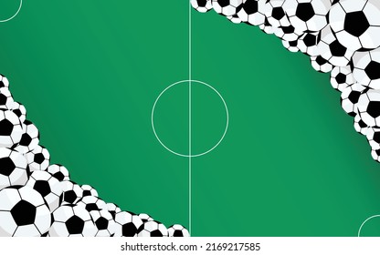 Soccer-Themed Background Template With Many Soccer Balls In The Corners and a Soccer Field In The Middle.