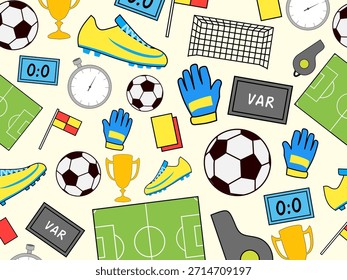Patrón de fútbol con pelotas, tarjetas, goles, tacos, trofeos e iconos de VAR. Ideal para deportes, día de partidos y proyectos de diseño de fútbol
