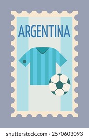 Soccer-themed stamp with Argentina's jersey and ball on a gray background. Minimalistic design featuring national sports elements. Vector illustration