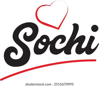 Projeto de texto da cidade de Sochi com design de ícone tipográfico de coração vermelho adequado para promoção turística