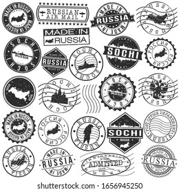 Sochi, Krasnodar Krai, Russia Set of Stamp. Vector Art Postal Passport Travel Design. Travel and Business Seals.