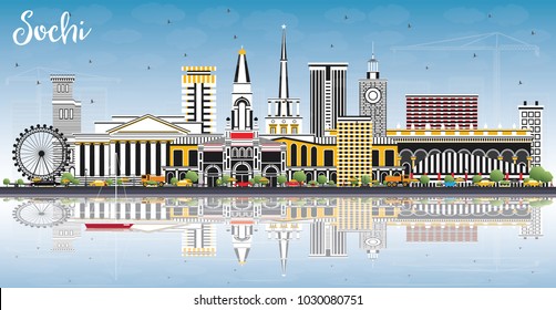 Sochi Russia City Skyline with Color Buildings, Blue Sky and Reflections. Vector Illustration. Business Travel and Tourism Concept with Modern Architecture. Sochi Cityscape with Landmarks.