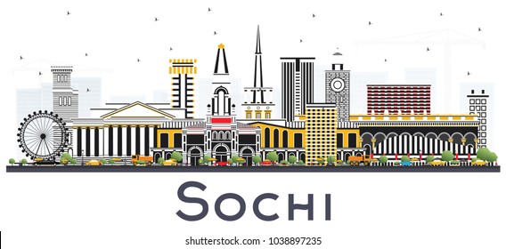 Sochi Russia City Skyline with Color Buildings Isolated on White. Vector Illustration. Business Travel and Tourism Concept with Modern Architecture. Sochi Cityscape with Landmarks.