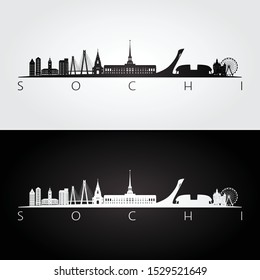 Sochi skyline and landmarks silhouette, black and white design, vector illustration.