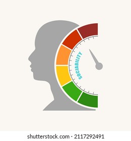 Sociability measuring device with arrow and scale. Mental awareness and psychological issues about sociability, learning, attention, mood and disorders illustration. Human head silhouette