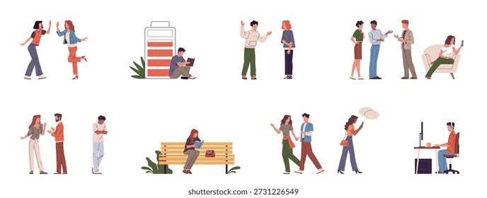 Sociable and introverted people. Character traits, psychological phenomenon, positive extroverts, communication desire, psychology behavior, personality habits nowaday vector cartoon flat isolated set