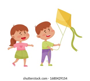 Sociable Kids Flying Kite Together and Having Fun Vector Illustration