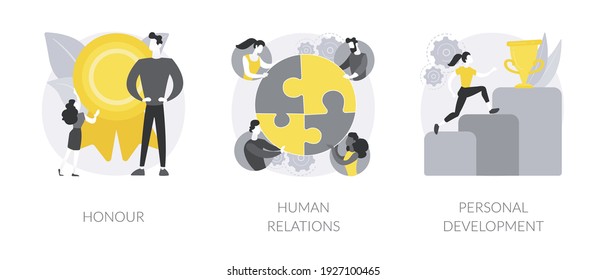 Social abilities abstract concept vector illustration set. Honour and high moral principles, human relations, personal development, public respect, self improvement, coach abstract metaphor.