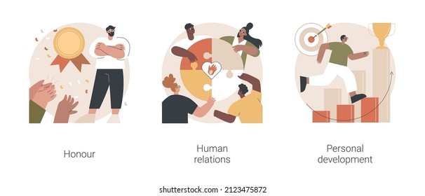 Social abilities abstract concept vector illustration set. Honour and high moral principles, human relations, personal development, public respect, self improvement, coach abstract metaphor.
