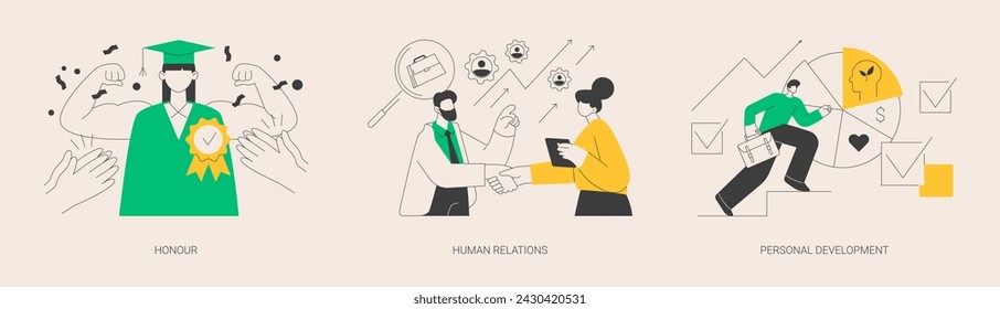 Social abilities abstract concept vector illustration set. Honour and high moral principles, human relations, personal development, public respect, self improvement, coach abstract metaphor.