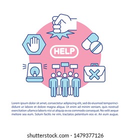 Social abuse and harassment article page vector template. Violence, aggression in society. Brochure, magazine, booklet design element with linear icons. Print design. Concept illustrations with text