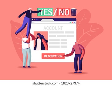 Social Account Deactivation Concept. Tiny Male and Female Characters Push Deleting Button at Huge Web Page on Social Network Page. People Cancel Private Information. Cartoon Vector Illustration