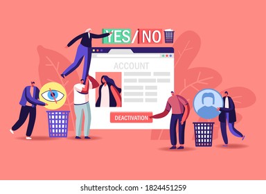 Social Account Deactivation Concept. Tiny Male Female Characters at Huge Web Page with Social Network Page Deleting Private Information, Throw Avatar in Litter Bin. Cartoon People Vector Illustration