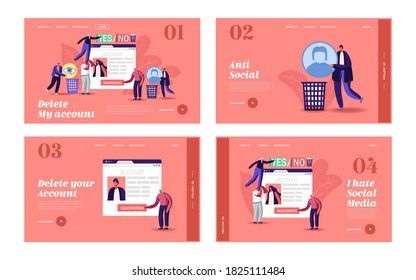 Social Account Deactivation Landing Page Template Set. Tiny Characters at Huge Social Network Web Page Deleting Private Information Throw Avatar in Litter Bin. Cartoon People Vector Illustration