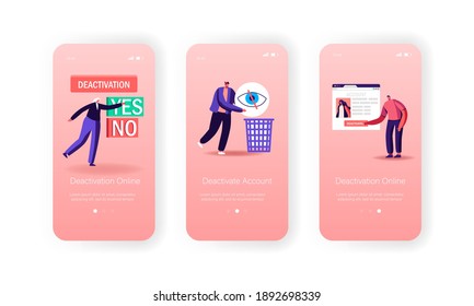 Social Account Deactivation Mobile App Page Onboard Screen Template. Tiny Characters at Huge Web Page with Social Network Page Deleting Private Information Concept. Cartoon People Vector Illustration