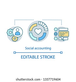 Social accounting concept icon. CSR idea thin line illustration. Corporate accountability, sustainability, responsibility. Community-based monitoring. Vector isolated outline drawing. Editable stroke