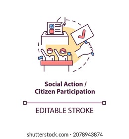 Social Action And Citizen Participation Concept Icon. Community Change Abstract Idea Thin Line Illustration. Bringing Out Leadership Potential. Vector Isolated Outline Color Drawing. Editable Stroke