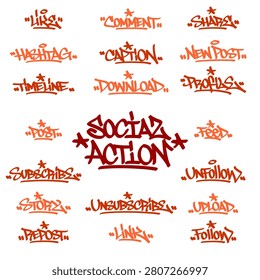 Social action icons stickers bundle collection text graffiti tag element for internet social media. Creative urban font typography pack for modern streetwear graphic design.