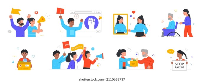 Social activism abstract concept. Feminism, body positive, helping people, stop racism and rally. Set of kind and conscious characters. Cartoon flat vector collection isolated on white background