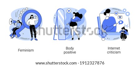 Social activism abstract concept vector illustration set. Feminism, body positive, internet criticism, girl power, gender equality, plus size brand promotion, troll message abstract metaphor.