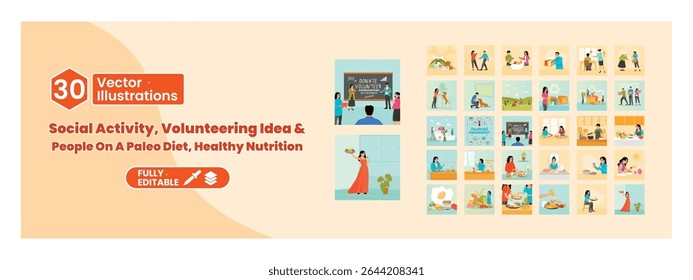 Social activities, healthy eating, and volunteering concept. People adopt a healthy lifestyle, socialize with others, and communicate. Mega set.