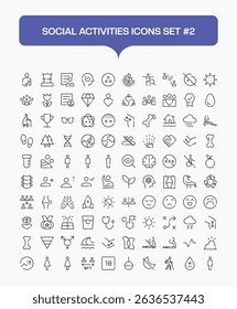 Social Activities Line Icon Set. Heartwarming line icons showcasing family gatherings, friend hangouts, and daily social interactions. Great for invitations, greeting cards, and lifestyle branding.