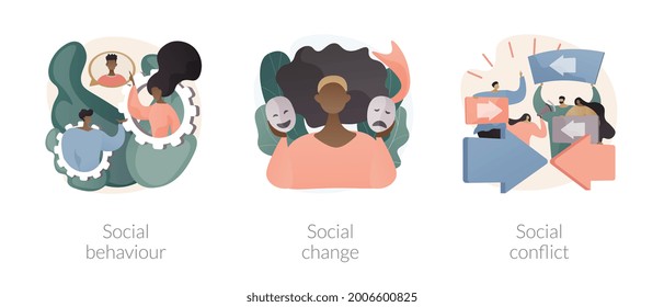 Social activity abstract concept vector illustration set. Social behaviour, public demonstration, collective protest, social conflict, school bullying, youth abuse, gang fighting abstract metaphor.