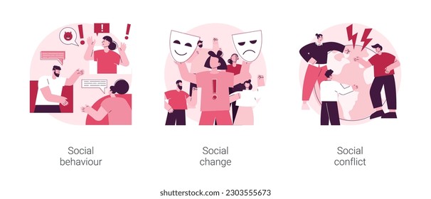 Social activity abstract concept vector illustration set. Social behaviour, public demonstration, collective protest, social conflict, school bullying, youth abuse, gang fighting abstract metaphor.