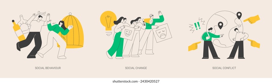 Social activity abstract concept vector illustration set. Social behaviour, public demonstration, collective protest, social conflict, school bullying, youth abuse, gang fighting abstract metaphor.