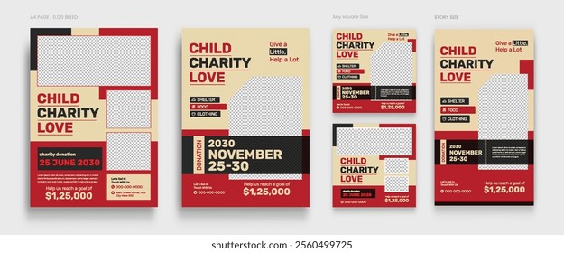 Social activity and charity flyer, social media and story set