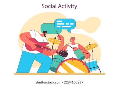 Social activity as a positive effect of playing drums. Male character' creative hobby. Band practising or performing music, playing musical instrument. Flat vector illustration
