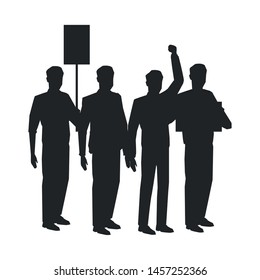 social activity and public protest group of people raising sign and fist in the air silhouette avatar cartoon character vector illustration graphic design