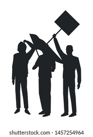 social activity and public protest group of people raising sign and waving flag in the air silhouette avatar cartoon character vector illustration graphic design