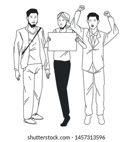 social activity public protest man protester with vector cartoon character black white. vector illustration.