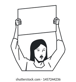 social activity and public protest woman raising a blank sign cartoon character in black and white vector illustration graphic design