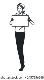 social activity and public protest woman raising a blank sign in black and white avatar cartoon character vector illustration graphic design