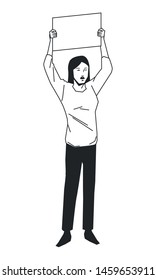 social activity and public protest woman screaming raising a blank sign in black and white avatar cartoon character vector illustration graphic design