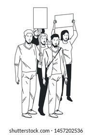 social activity and public protest young man with crossed bag and beard woman screaming raising a blank sign in black and white