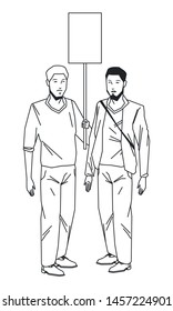 social activity and public protest young man raising a blank sing young man with crossed bag and beard in black and white avatar