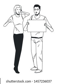 social activity and public protest young man raising a blank sing young woman screaming in black and white avatar cartoon character vector illustration graphic design