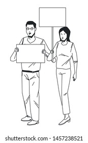 social activity and public protest young man raising a blank sing woman raising a blank sign in black and white avatar cartoon