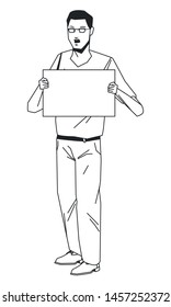 social activity and public protest young man raising a blank sing in black and white avatar cartoon character vector illustration graphic design