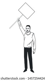 social activity and public protest young man raising a blank sign in black and white avatar cartoon character vector illustration graphic design