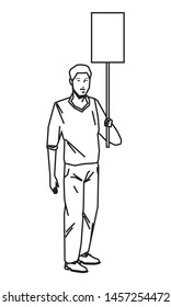 social activity and public protest young man raising a blank sign in black and white avatar cartoon character vector illustration graphic design