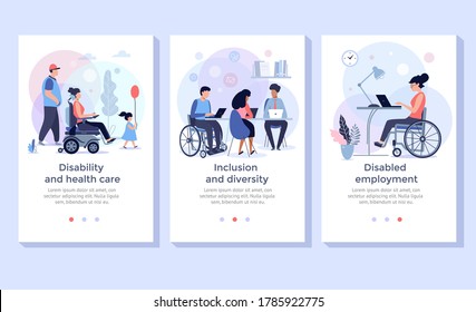 Social adaptation of disabled people, Handicapped people support, wheelchair person at work, disabled employment  and  rehabilitation concept illustration