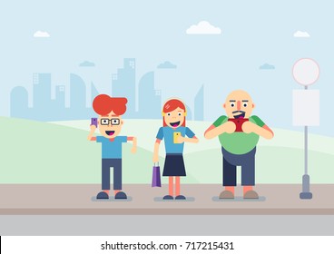 social addict, everyone use device and smart phone at bus stop.