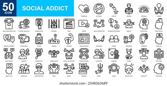 Conjunto de colecciones de icono de adicto social. Psicología, salud y medicina, salud mental, enfermedad mental, personas, icono de la red social. Vector de línea simple.